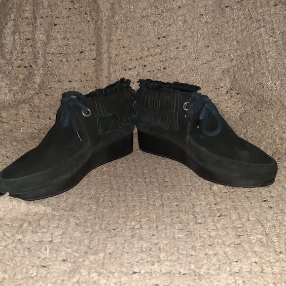 ROBERT CLERGERIE-Naim-Platform Wedge Fringe Ankle Boots Suede Black-SZ 39.5-EX - Picture 4 of 8